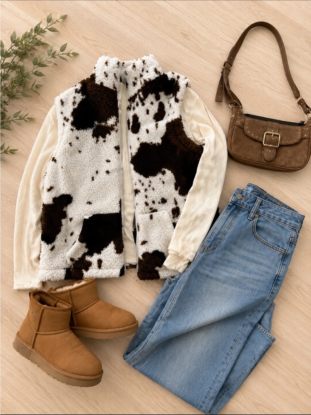 SHEIN Brown & White Cow-Print Sherpa Vest - Picture 2 of 2